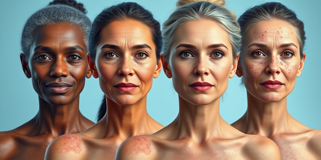 Diverse individuals with Guttate Scleroderma, highlighting skin lesions and emotional resilience in a serene blue setting.2.png