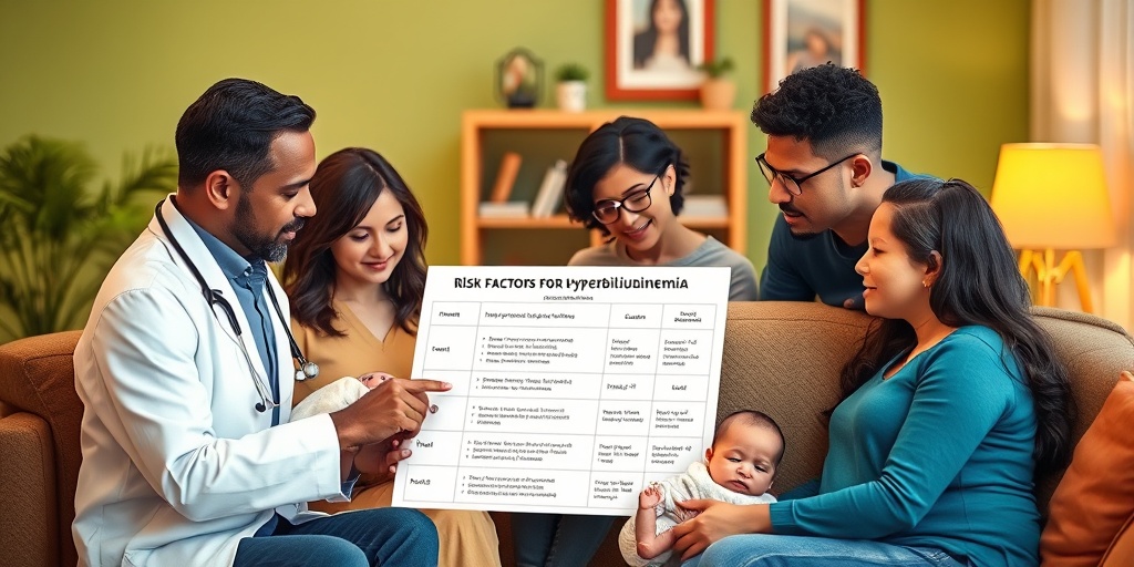 Diverse parents consult a pediatrician about jaundice risk factors in a cozy living room, expressing concern and hope. 3.png