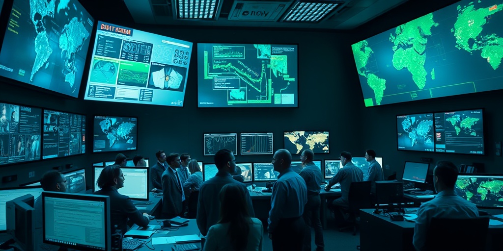 Experts collaborate in a command center, analyzing data and strategizing bioterrorism response under dramatic lighting.  4.png