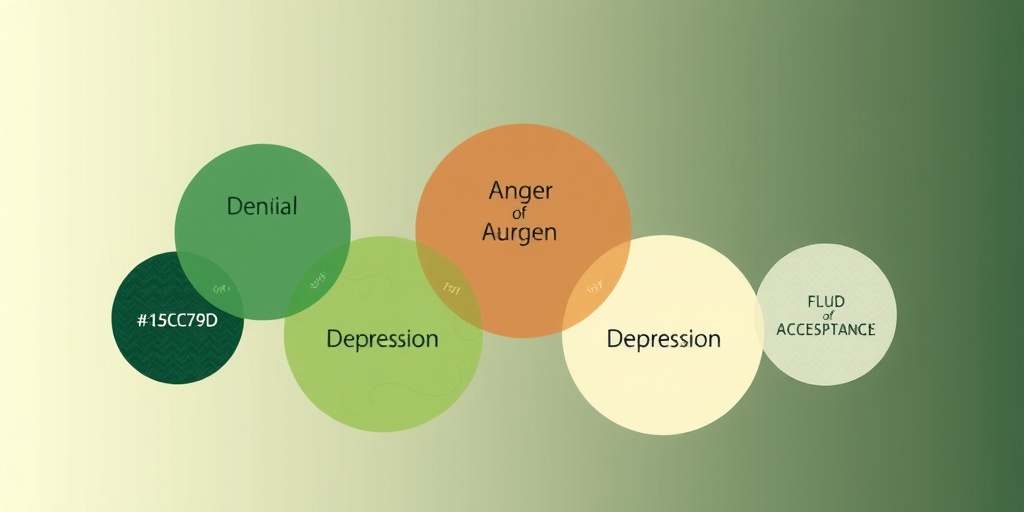 Five interconnected circles illustrate the stages of grief, each filled with unique colors and symbols, set against a gradient background.  2.png