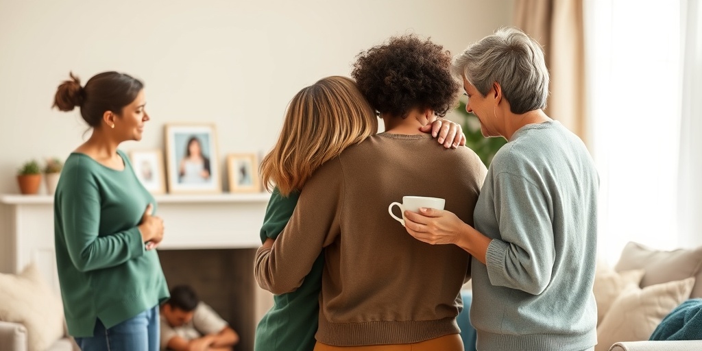 Friends gather in a warm living room, offering support and comfort to someone grieving, highlighting the importance of community.  5.png