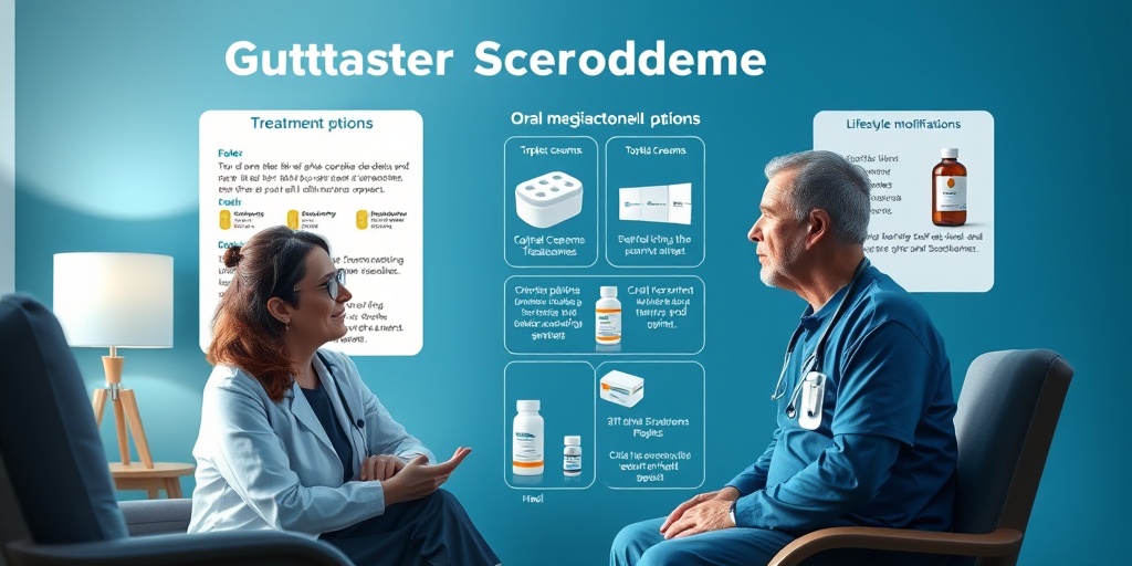 Healthcare professional discussing Guttate Scleroderma treatments with a patient, featuring topical creams and medications in a calming blue background.4.png