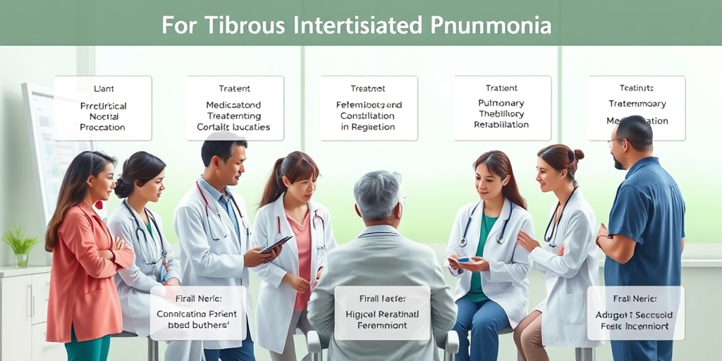Healthcare professionals discuss treatment options for Fibrous Interstitial Pneumonia in a modern clinic, with a calming green background promoting healing.  4.png