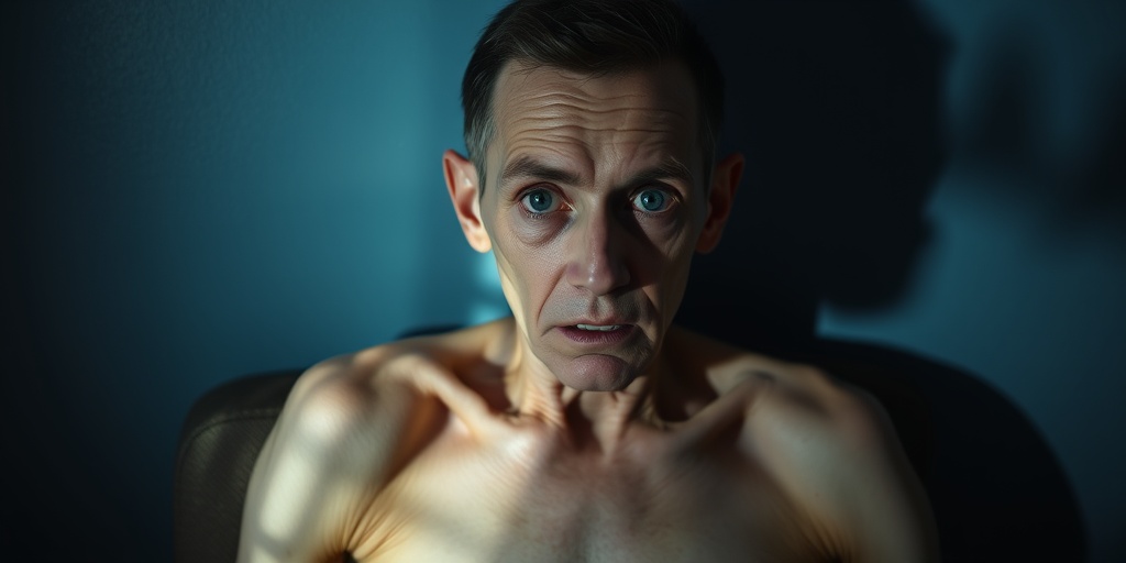 Individual showing symptoms of crystal meth use, seated in dim light, with shadows emphasizing gaunt features and isolation.  2.png