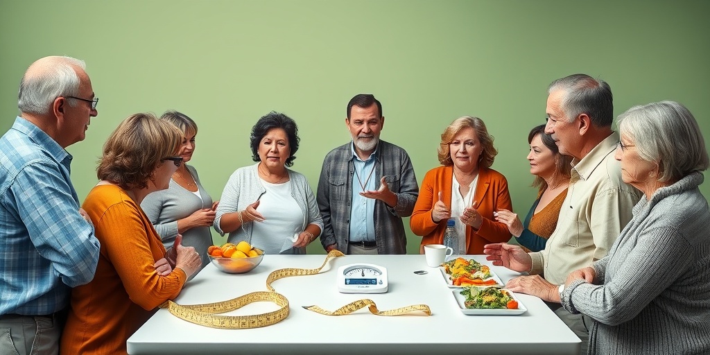 Individuals share experiences in a weight management workshop, surrounded by healthy snacks and supportive atmosphere.  3.png