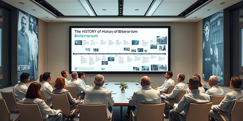 Medical professionals and historians discuss a bioterrorism timeline in a modern conference room, highlighting historical events.  2.png