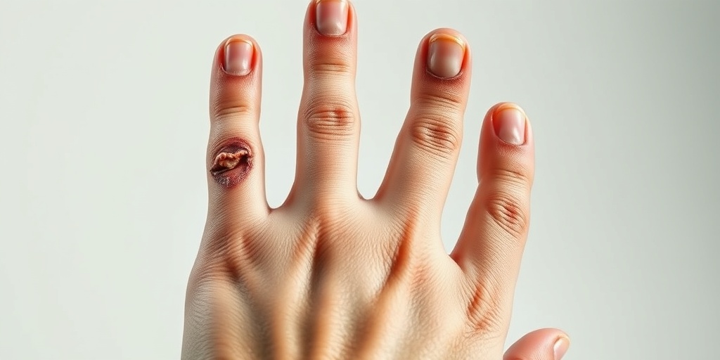 Multiple fingernails show signs of nail fungus, with flaking and separation, highlighted by dramatic lighting on a creamy white backdrop.  2.png