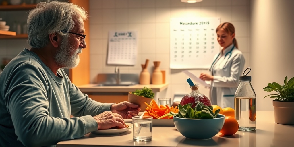 Patient preparing for virtual colonoscopy in a serene kitchen, surrounded by healthy foods and supportive healthcare guidance.  3.png