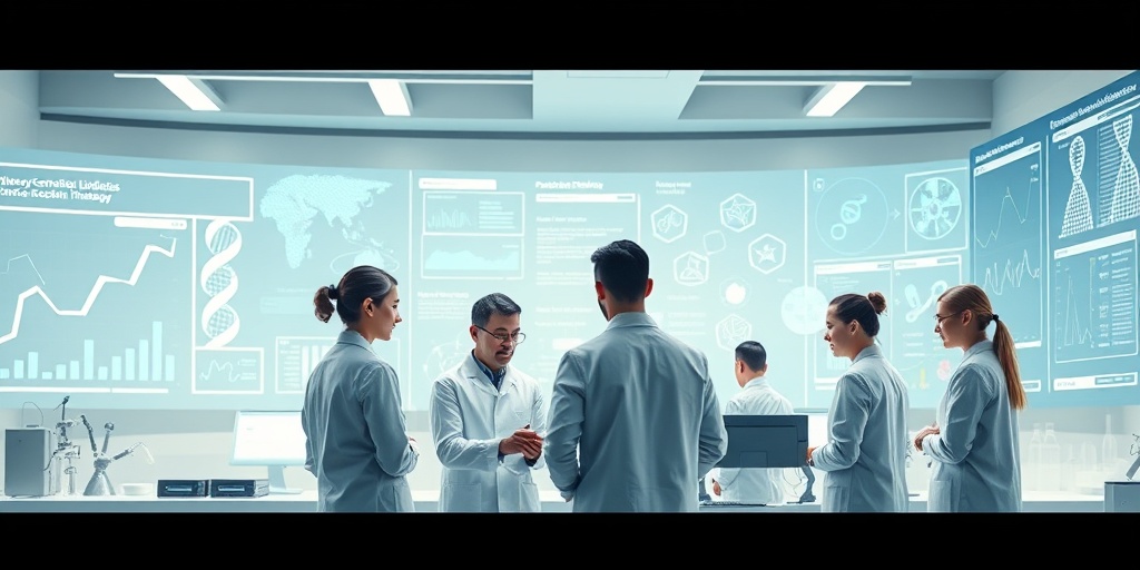 Scientists collaborate in a high-tech lab, exploring future research directions for Glucosyl Ceramide Lipidosis with digital displays.  5.png