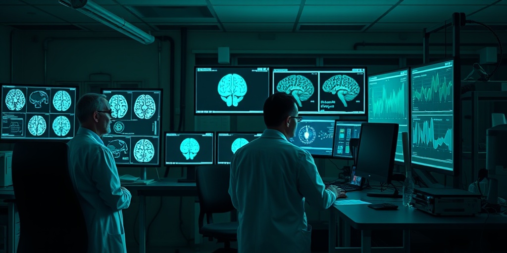 Scientists collaborate in a research lab, analyzing brain activity and exploring future therapies for subcortical dementia under dramatic lighting.  5.png