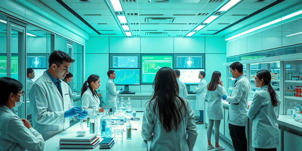 Scientists engage in advanced placebo effect research in a modern lab, highlighting innovation and excitement in a bright environment.  5.png