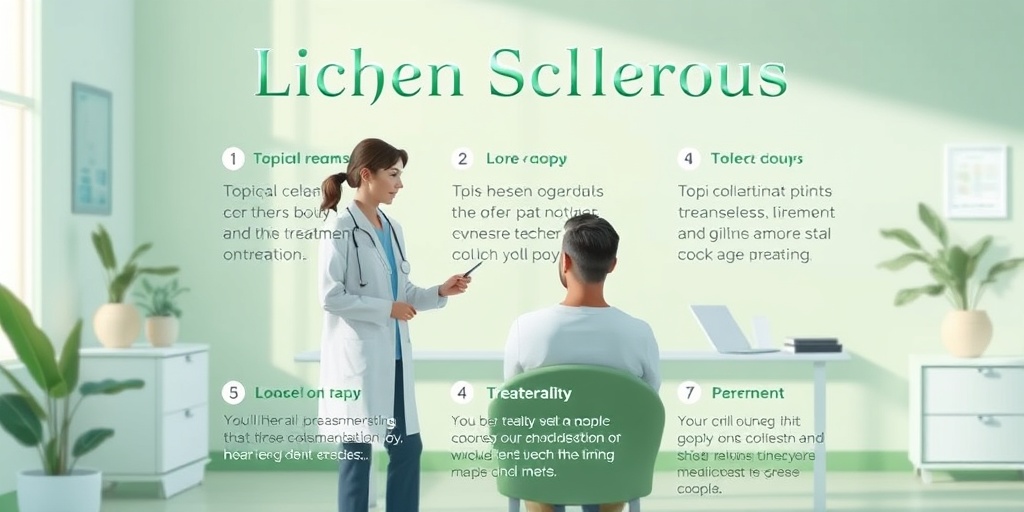 Serene clinic scene depicting treatment options for Lichen Sclerosus, with a healthcare professional discussing plans in calming colors. 4.png