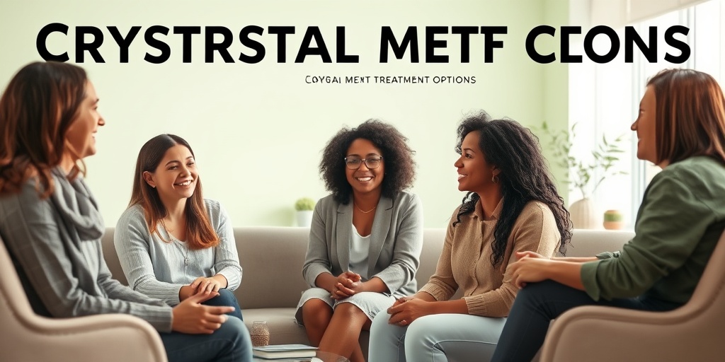 Supportive therapy session for crystal meth treatment, featuring a compassionate counselor and a diverse group in a bright setting.  4.png