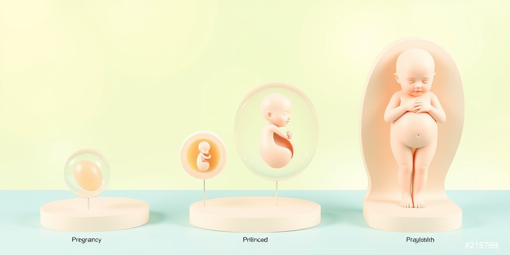 Three-dimensional models illustrating pregnancy stages, showcasing the journey from embryo to full-term baby in calming colors.  3.png