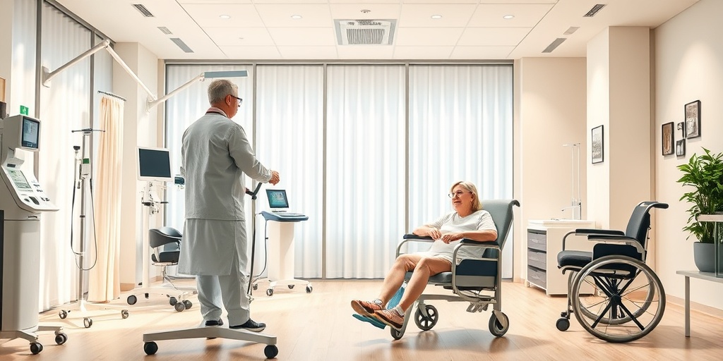 Various EDMD treatment options are displayed in a modern rehab center, emphasizing patient participation and a hopeful environment.  4.png