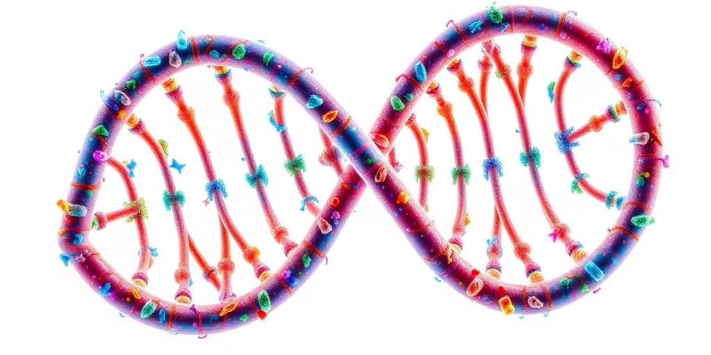 Vibrant DNA double helix intertwined with genetic symbols, set against a creamy white background, symbolizing hope and health.  3.png