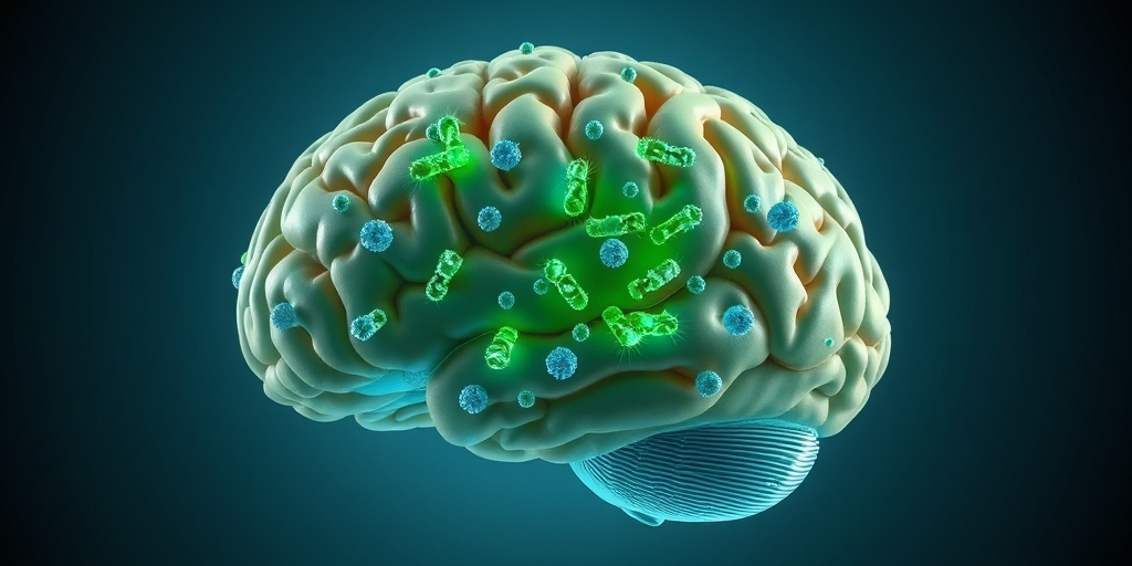 3D render depicts bacteria attacking brain cells, showcasing vibrant colors against a detailed brain structure background.  3.png
