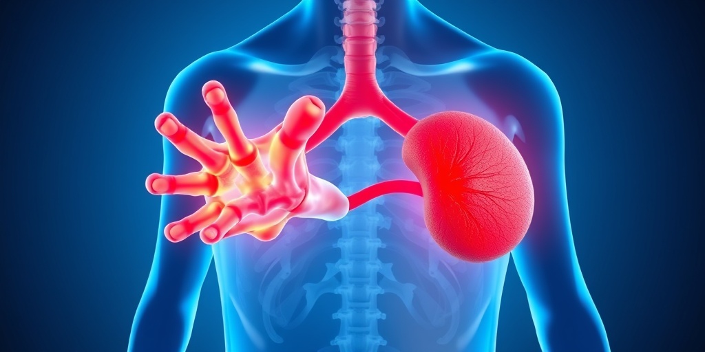 A 3D render illustrates splenomegaly causes, contrasting inflamed joints and an enlarged spleen in a split-screen format.  3.png