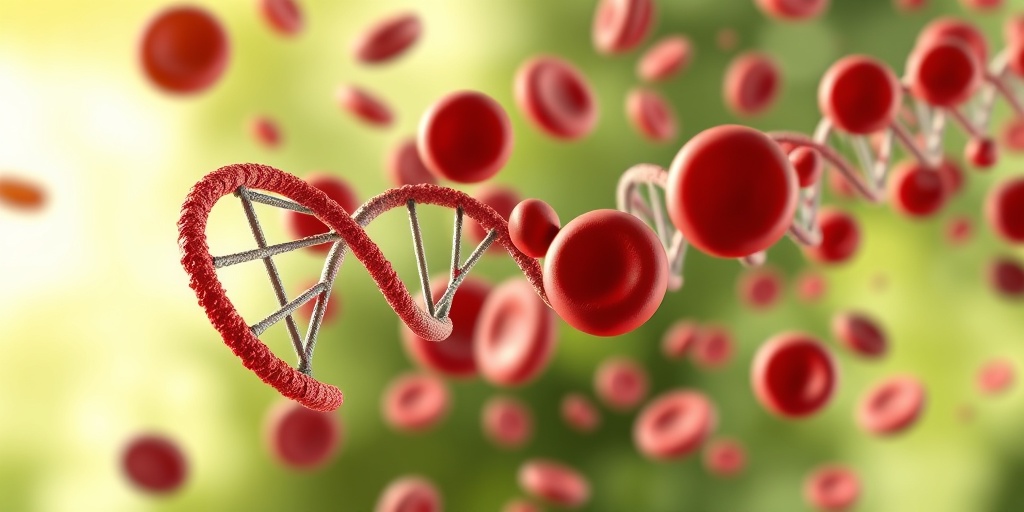 A 3D render of a genetic helix intertwined with red blood cells, symbolizing thalassemia's hereditary nature.  3.png