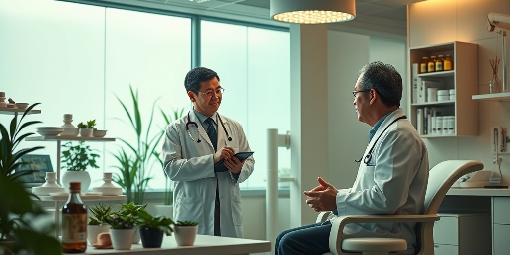 A Chinese medicine practitioner collaborates with a Western doctor in a modern clinic, blending traditional and contemporary practices.  5.png