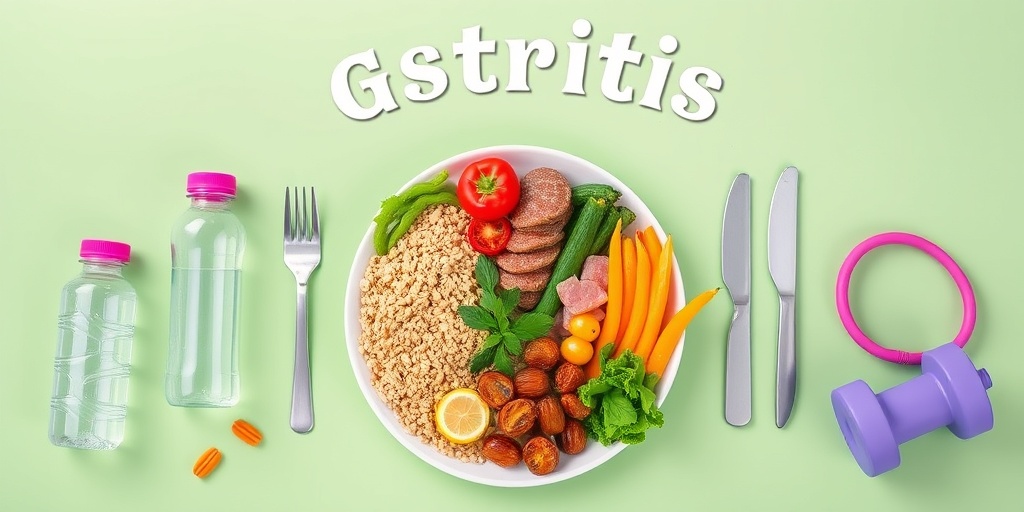 A balanced meal plate filled with healthy foods, surrounded by hydration and exercise cues, promoting gastritis prevention.  5.png