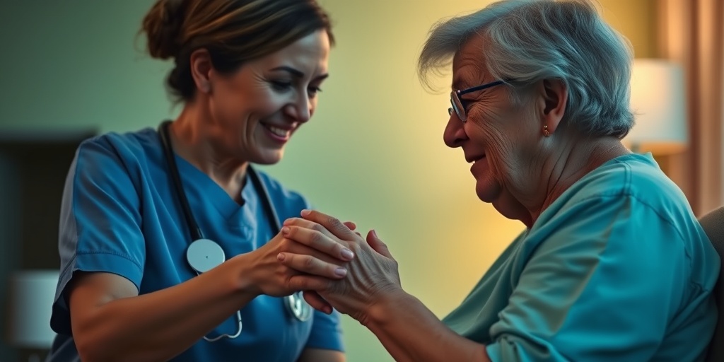 A caregiver gently holds a patient's hand, illuminated by soft lighting, capturing compassion and understanding in a serene environment.4.png