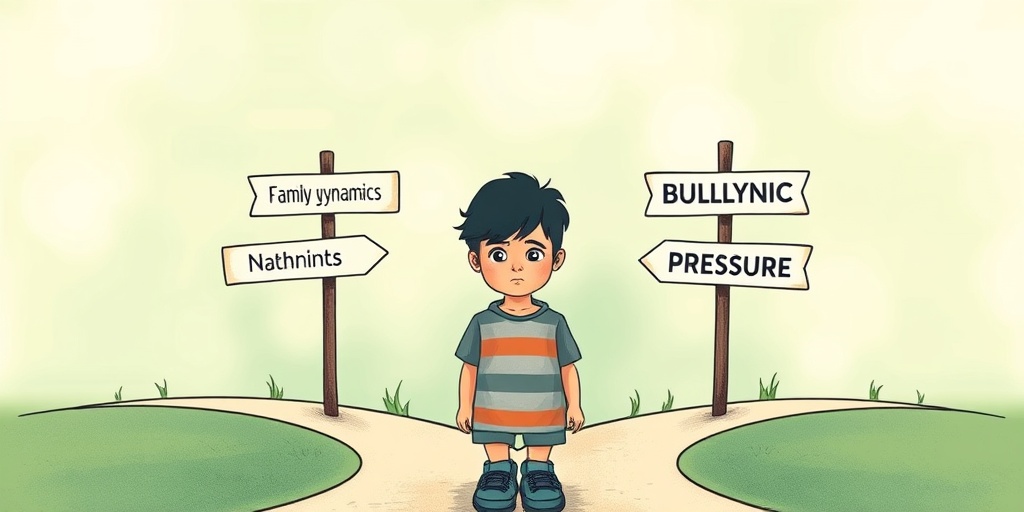 A child stands at a crossroads, contemplating various risk factors for depression, surrounded by serene greens and blues.  3.png