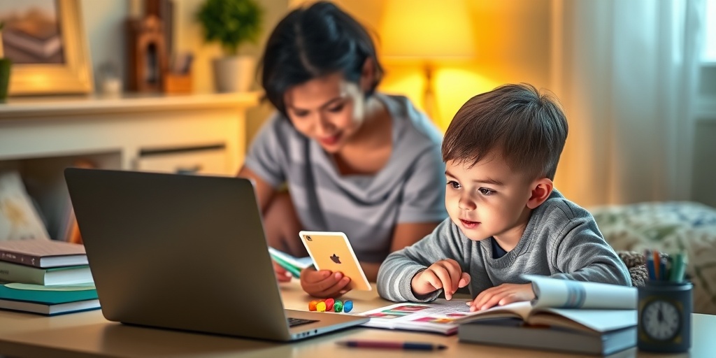 A child studies effectively with flashcards and a laptop, supported by a parent in a serene environment.  3.png
