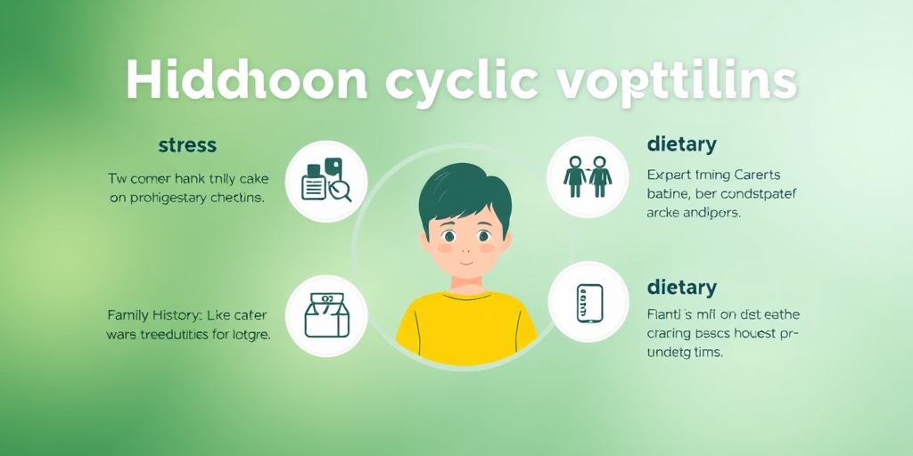 A child surrounded by icons representing stress and dietary triggers, highlighting cyclic vomiting risk factors.3.png