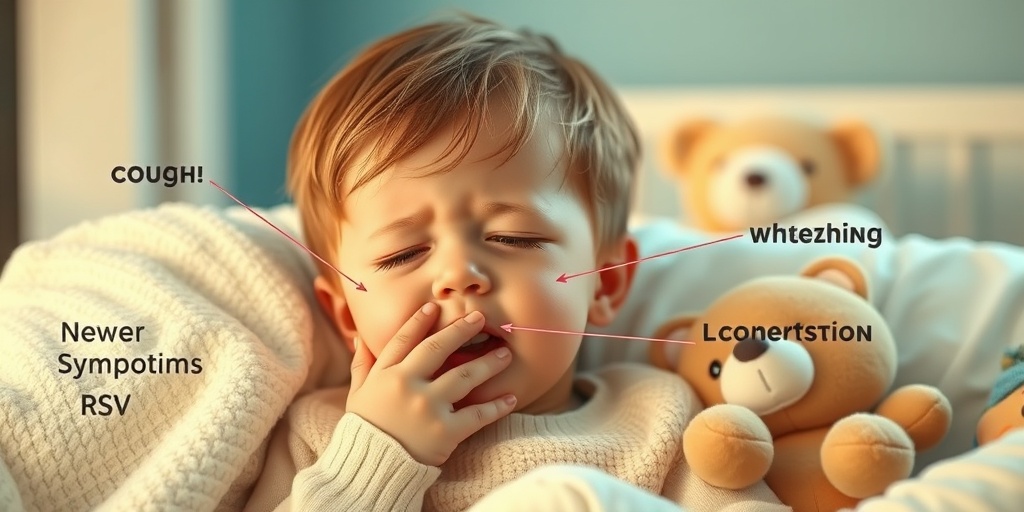 A child with RSV symptoms, cozy at home, displaying discomfort while surrounded by comforting toys and warm lighting.2.png