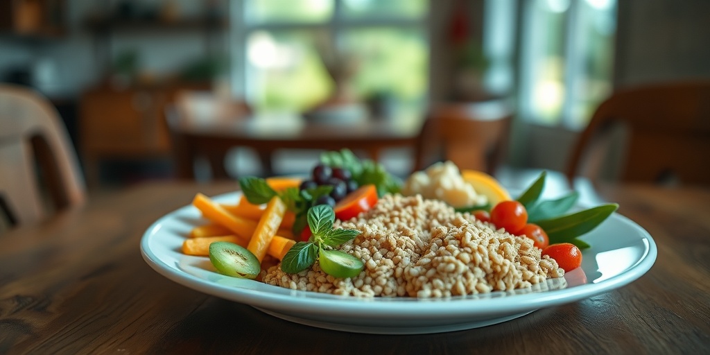 A close-up of a balanced children's plate, showcasing lean proteins, whole grains, and vibrant vegetables on a wooden table. 2.png