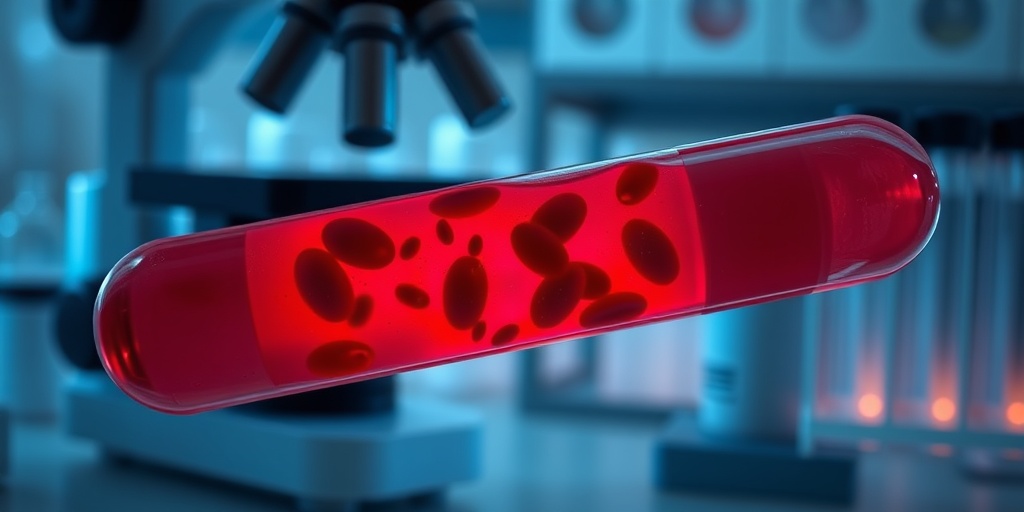 A close-up of a blood sample in a lab, highlighting abnormal red blood cells under soft blue lighting.  2.png