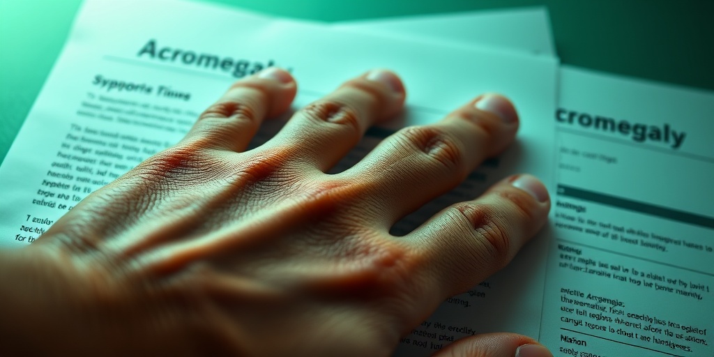 A close-up of an acromegaly hand rests on a medical report, highlighting enlarged fingers against a soft green background. 2.png