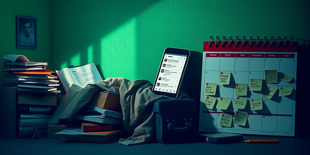 A cluttered bedroom scene illustrates risk factors of teen depression, with schoolbooks and social media notifications creating unease.  3.png