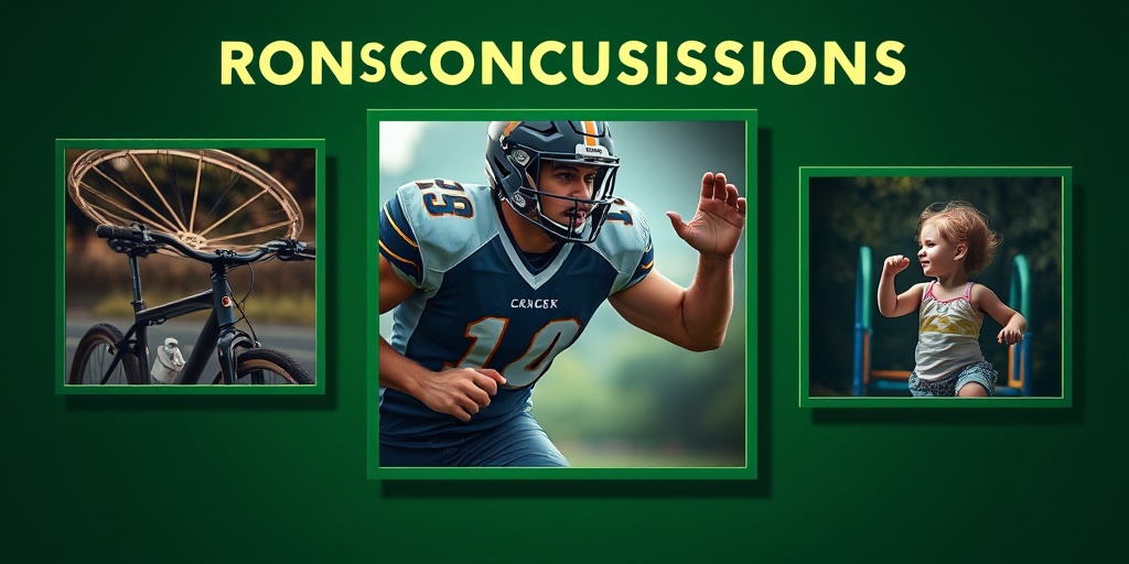 A collage illustrates concussion risks: a cyclist without a helmet, a football player, and a child at play, raising awareness.  3.png