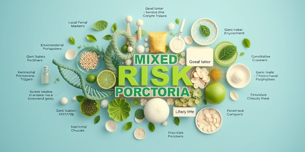 A collage of risk factors for Mixed Hepatic Porphyria, featuring genetic markers and lifestyle choices in photorealistic detail.  3.png
