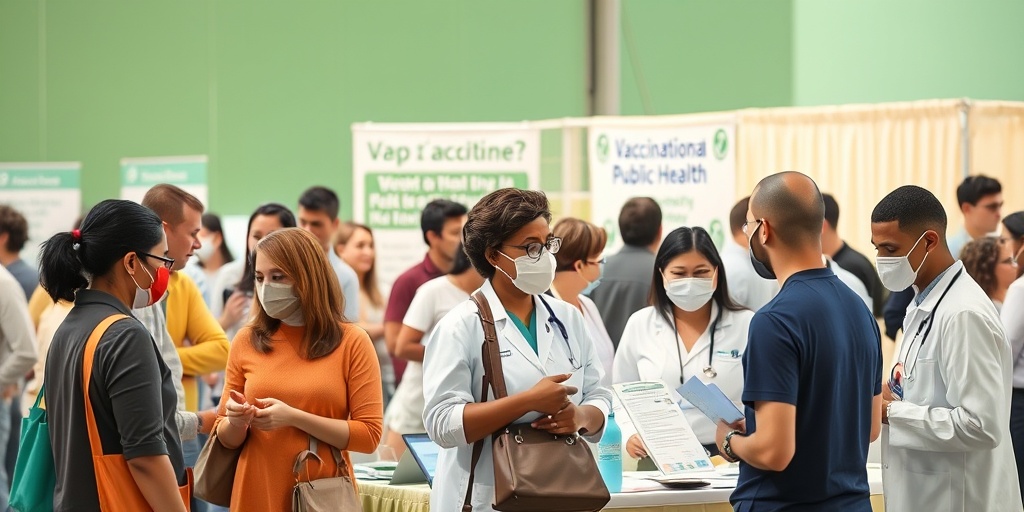 A community health fair features diverse attendees engaging in vaccination discussions, fostering collaboration and promoting public health awareness.  5.png