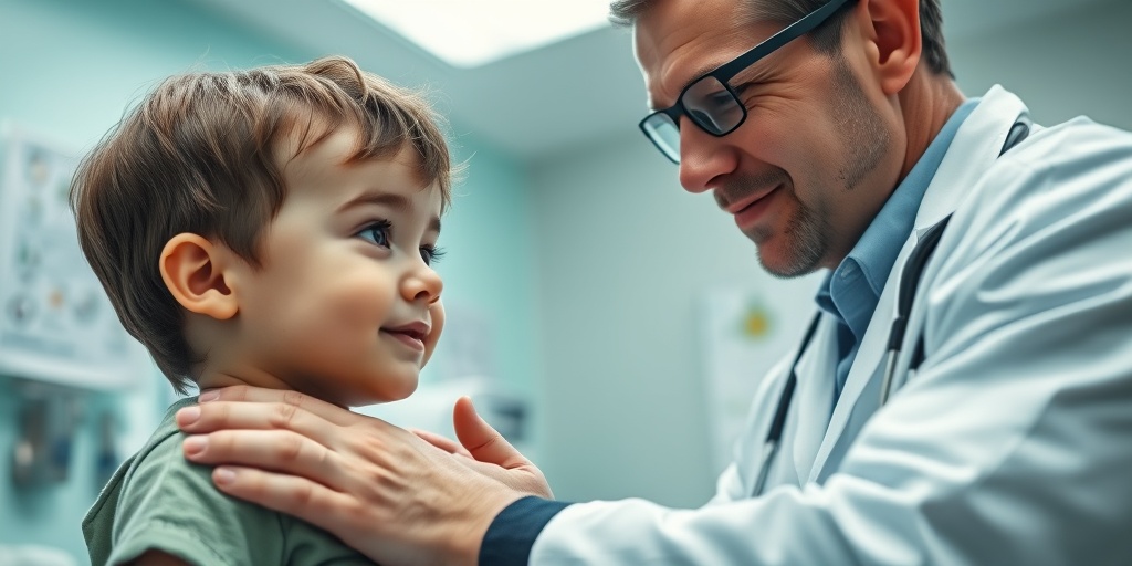 A compassionate doctor examines a child with SMA, highlighting muscle weakness in a supportive clinic environment.2.png