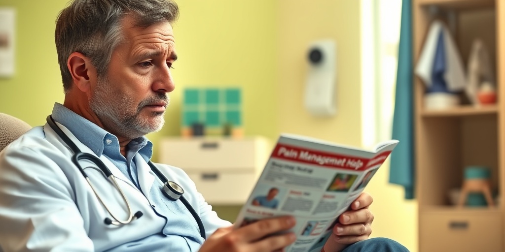 A concerned man contemplates seeking help for pain in a warmly lit doctor's office, surrounded by medical resources and charts.  5.png