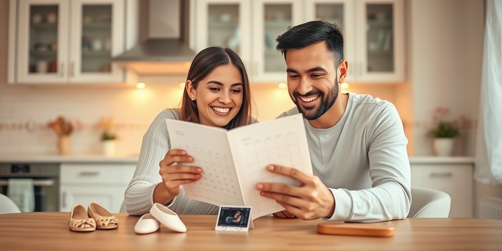 A couple joyfully reviewing their ovulation calendar at a kitchen table, surrounded by family planning symbols and warm lighting.  5.png