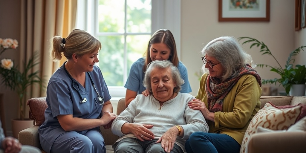 A dedicated hospice care team surrounds a patient, engaged in heartfelt conversation, symbolizing empathy and connection in a warm room.3.png