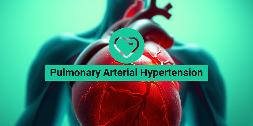 A detailed human heart illustration highlights pulmonary arteries, showcasing effects of Pulmonary Arterial Hypertension against a soft green background. β’ Yesil Health AI