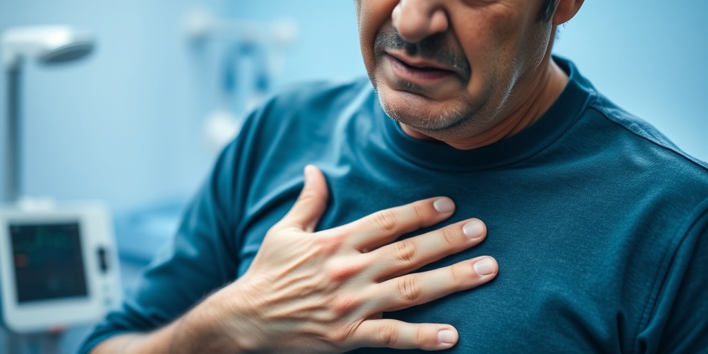 A distressed middle-aged man clutches his chest, showcasing heart disease symptoms, set against a calming blue backdrop.  2.png