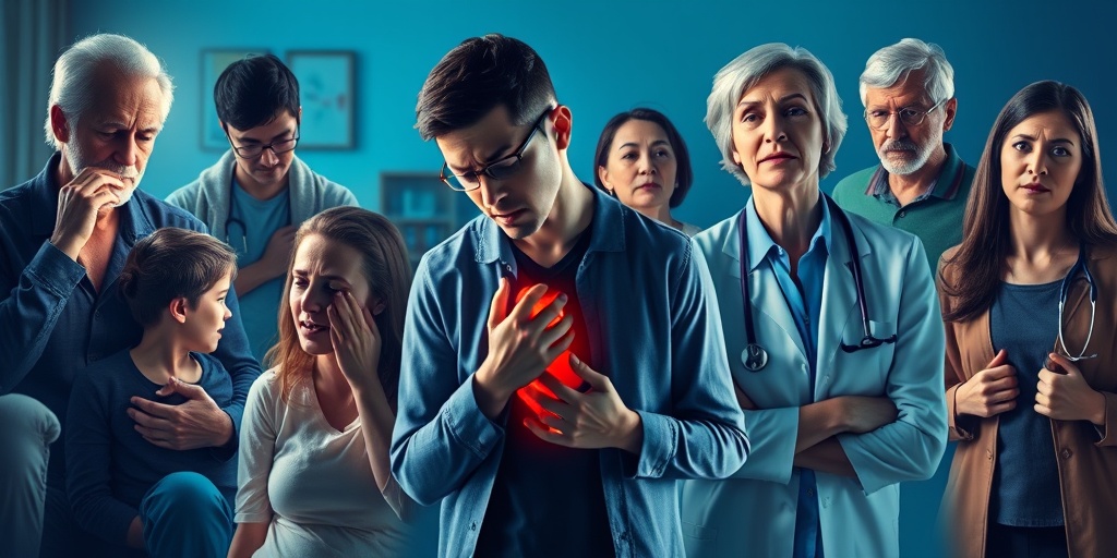 A diverse group displays mesothelioma symptoms in relatable settings, emphasizing resilience against coughing and chest pain.  2.png