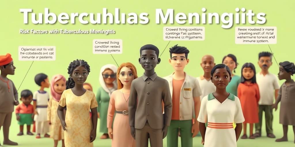 A diverse group illustrates Tuberculous Meningitis risk factors, showcasing vulnerability in a community setting. 3.png