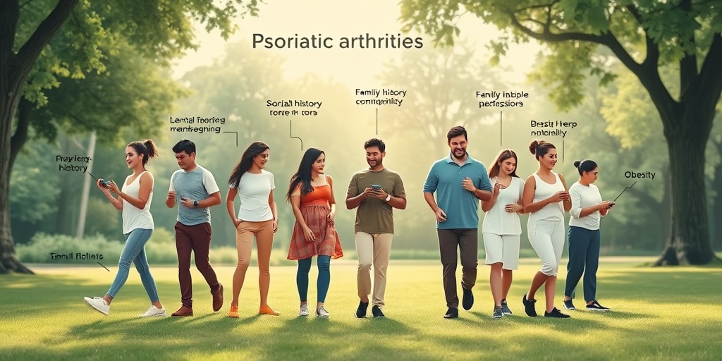 A diverse group in a park illustrates psoriatic arthritis risk factors, engaging in activities with subtle indicators around them.  3.png