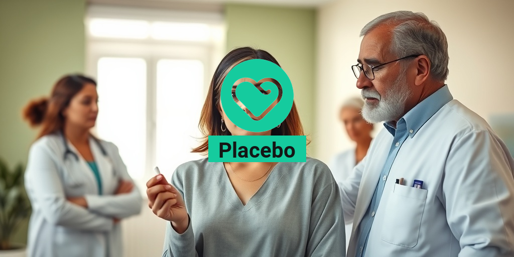 A diverse group of patients discusses the placebo effect in a warmly lit clinical setting, fostering a sense of community. • Yesil Health AI