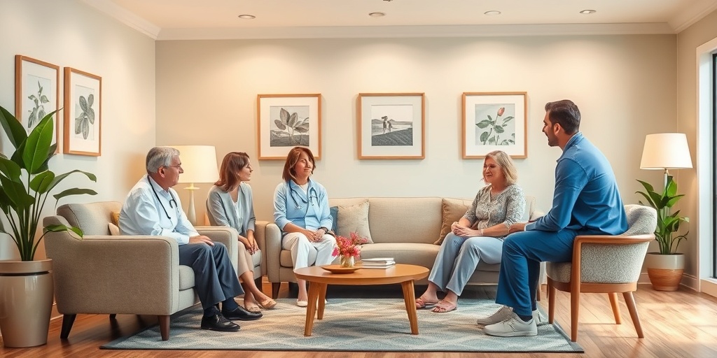 A diverse healthcare team compassionately discussing hospice services in a cozy lounge, emphasizing a supportive and nurturing atmosphere.2.png