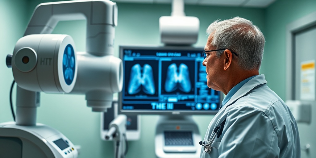 A doctor analyzes diagnostic results for HHT in a modern examination room, showcasing advanced imaging technology.  3.png