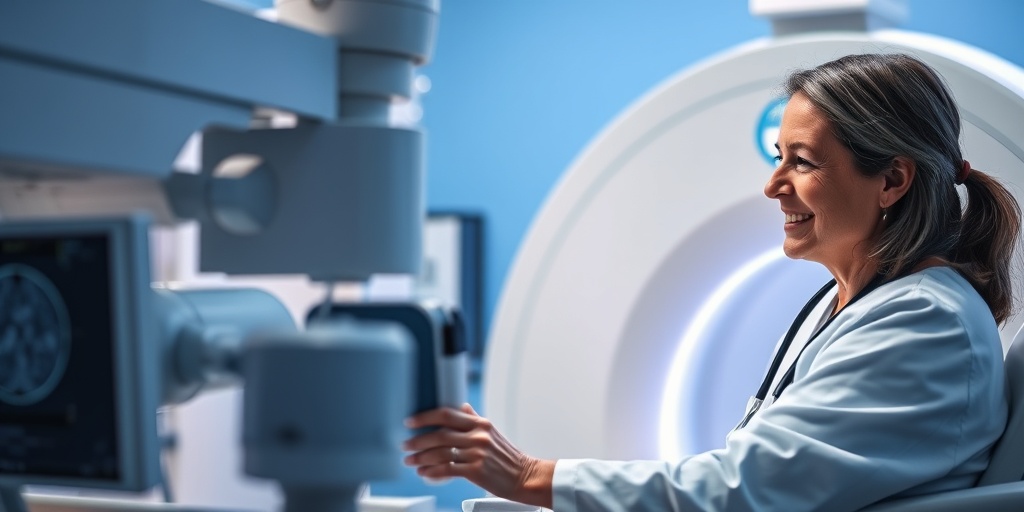 A doctor conducts diagnostic tests for tumors, interacting with a patient amidst advanced imaging technology in a bright clinical environment.  3.png